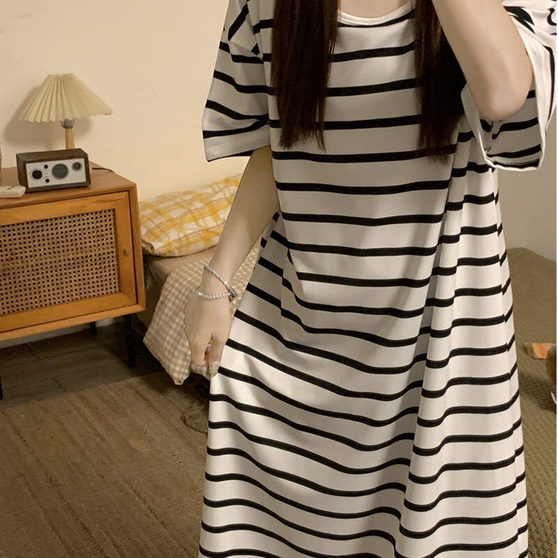 韩版条纹睡衣女款夏季简约t宽松舒适清凉透气休闲外穿家居服连衣
