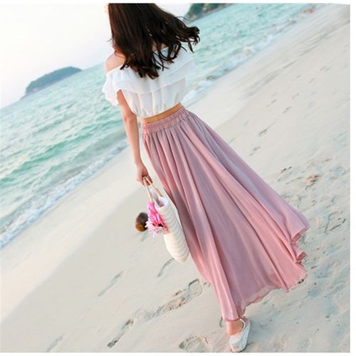 2021夏季雪纺半身长裙百搭遮胯高腰显瘦a字大码胖mm百褶伞裙纱裙