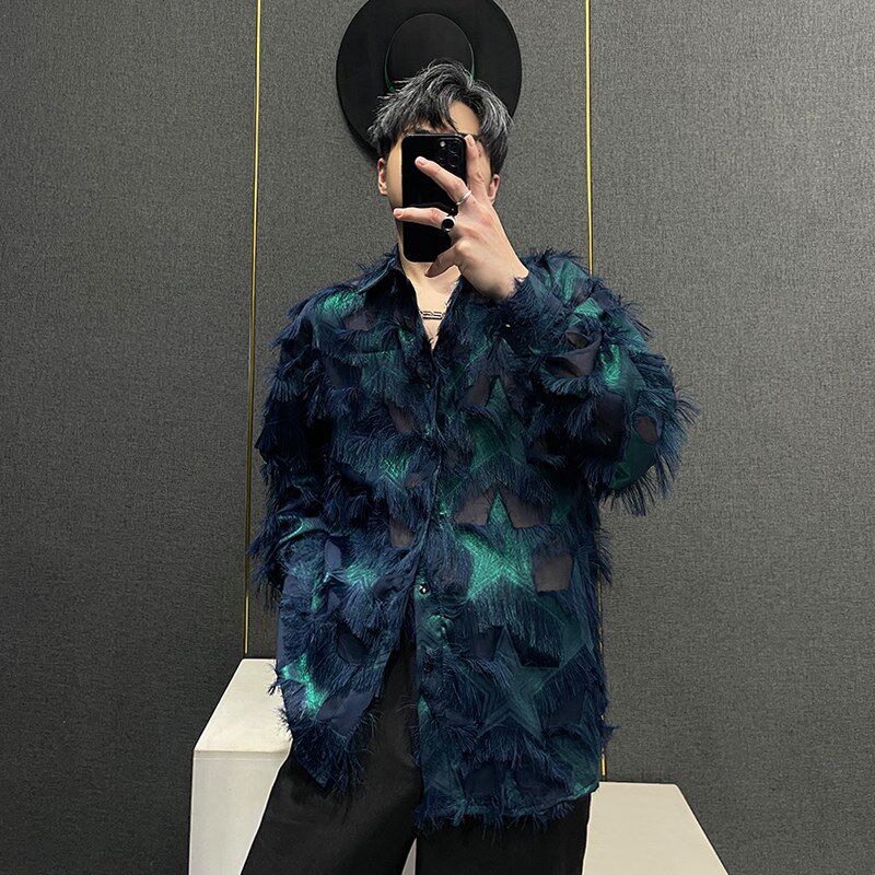 潮牌时尚夜店发型师衬衫男夏季个性流苏设计半透防晒休闲长袖衬衣