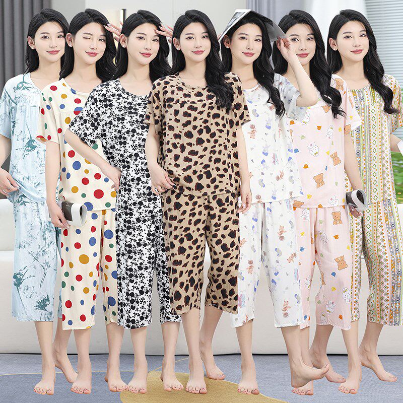 夏季女士短袖七分裤棉绸套装宽松大码睡衣薄款凉爽人造棉家居服