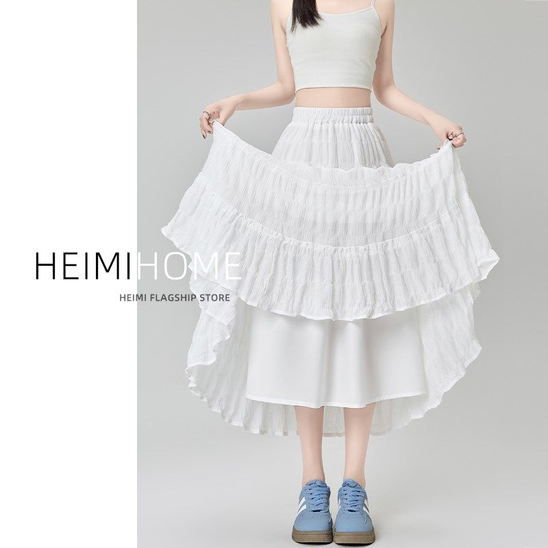 白色雪纺半身裙女夏季薄款中长款蛋糕裙小个子大摆a字褶皱长裙潮