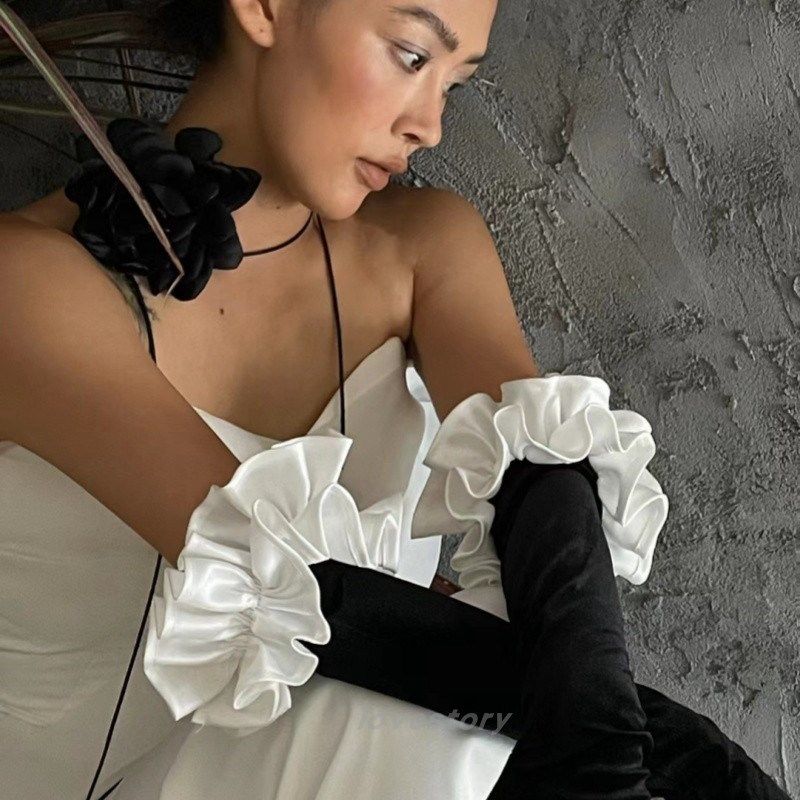 2023新款新娘结婚婚纱礼服手套长款黑色褶皱边摄影拍照道具样片