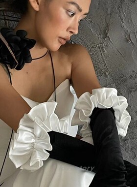 2023新款新娘结婚婚纱礼服手套长款黑色褶皱边摄影拍照道具样片