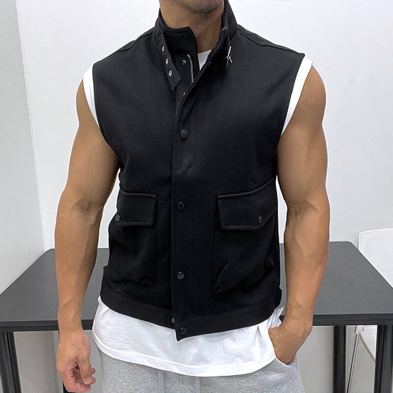 超赞质感!厚实纽扣拉链无袖马甲卫衣外套宽松潮男微阔版简约时髦
