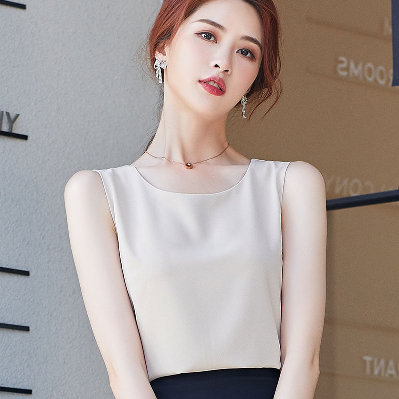 圆领背心女内搭宽松遮肚四季打底衫雪纺薄款大码上衣外穿无袖马甲