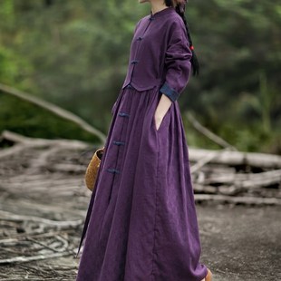 复古盘扣收腰显瘦长裙子 民族风文艺棉麻连衣裙女装 2020年春装 新款