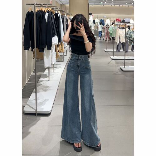 李李服饰双纽扣高腰大裤脚牛仔裤女2024年秋季宽松显瘦百搭阔腿裤