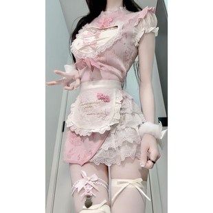 新中式改良国风套k装裙女仆旗袍连衣裙女夏季围裙粉色修身两件套