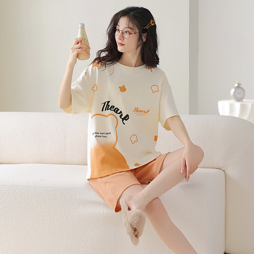 睡衣女夏季薄款纯棉短p袖可爱卡通简约家居服全棉圆领休闲宽松套