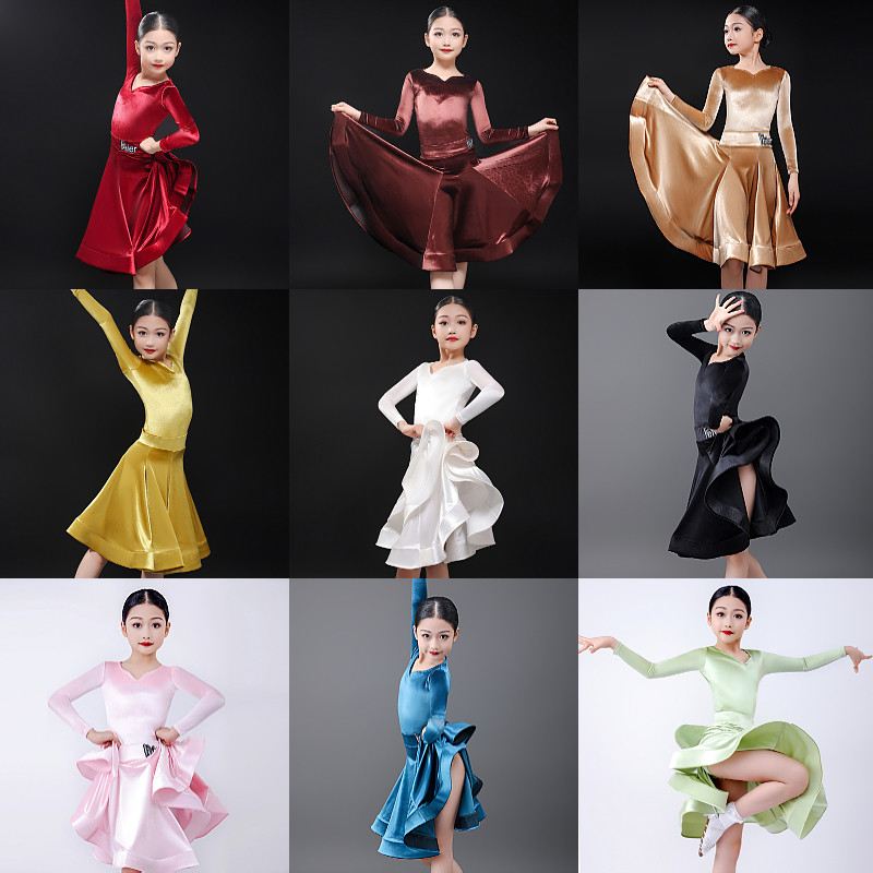 拉丁舞服女童长袖裙子冬季加绒锻绒加厚儿童秋冬高级比赛标准赛服