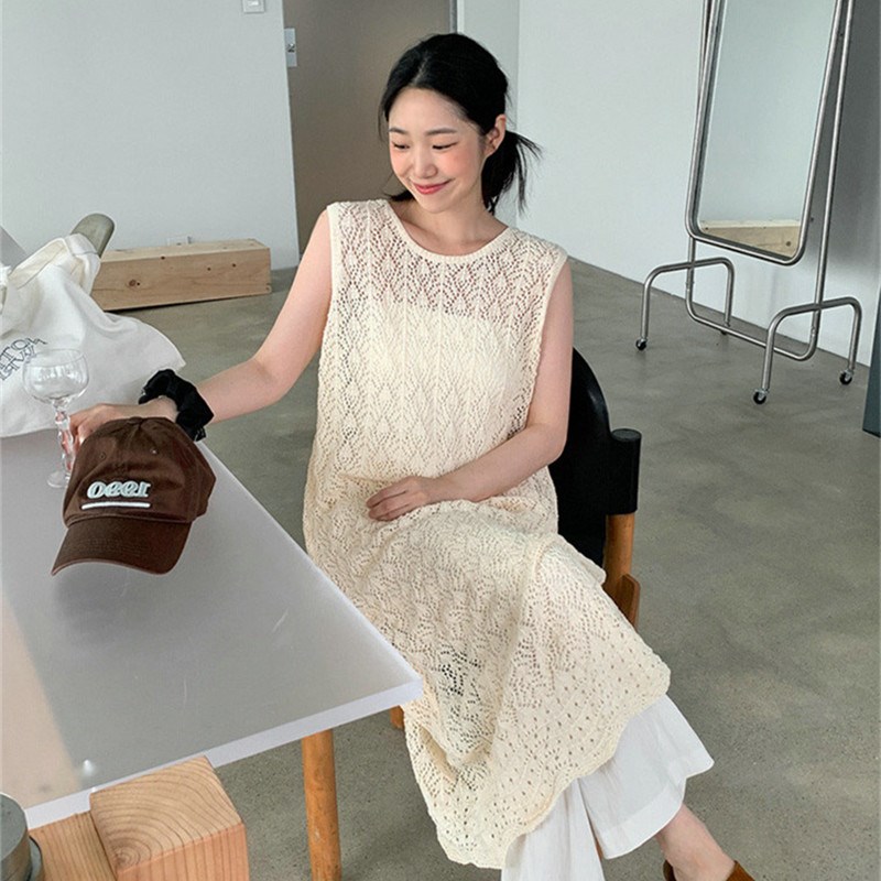 复古中长款宽松镂空背心裙后背开叉夏季针织裙子蕾丝无袖连衣裙女
