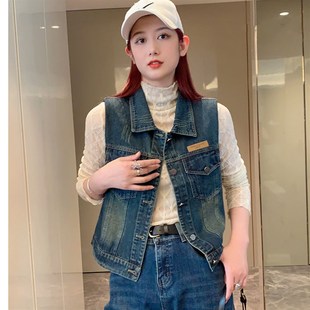 牛仔百搭外套显瘦 宽松无袖 2024春装 女士垫肩马甲背心坎肩马夹短款