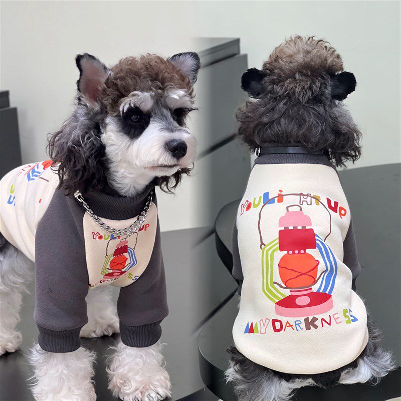 宠物猫咪狗狗衣服 秋冬加绒纯棉灰拼米七彩灯卫衣 中小大型犬服饰