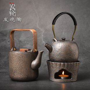 侧把壶复古家用提梁壶烤茶蜡烛明火煮茶炉大容量壶 鎏金釉温茶套装