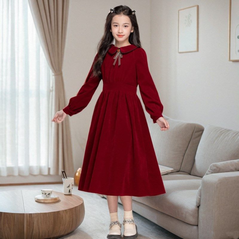 女童2024新款儿童加绒翻领红色连衣裙洋气中大童收腰长袖新年裙子