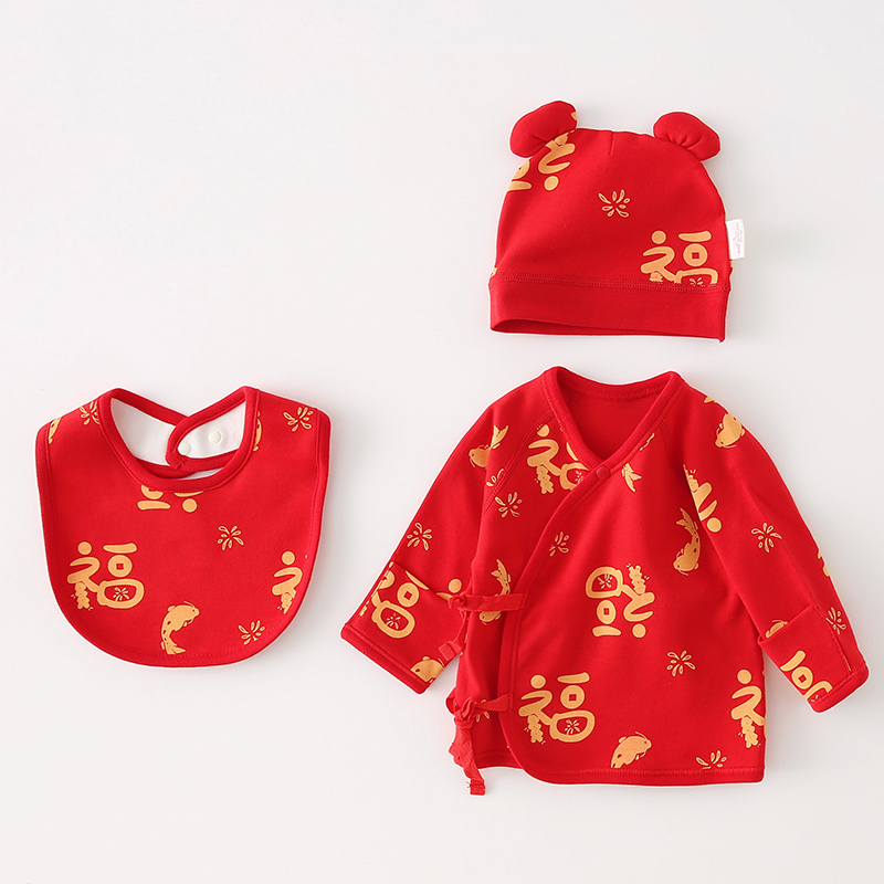 婴儿包屁衣秋款红色满月童装长袖三角爬服纯棉52码拍照仪式感
