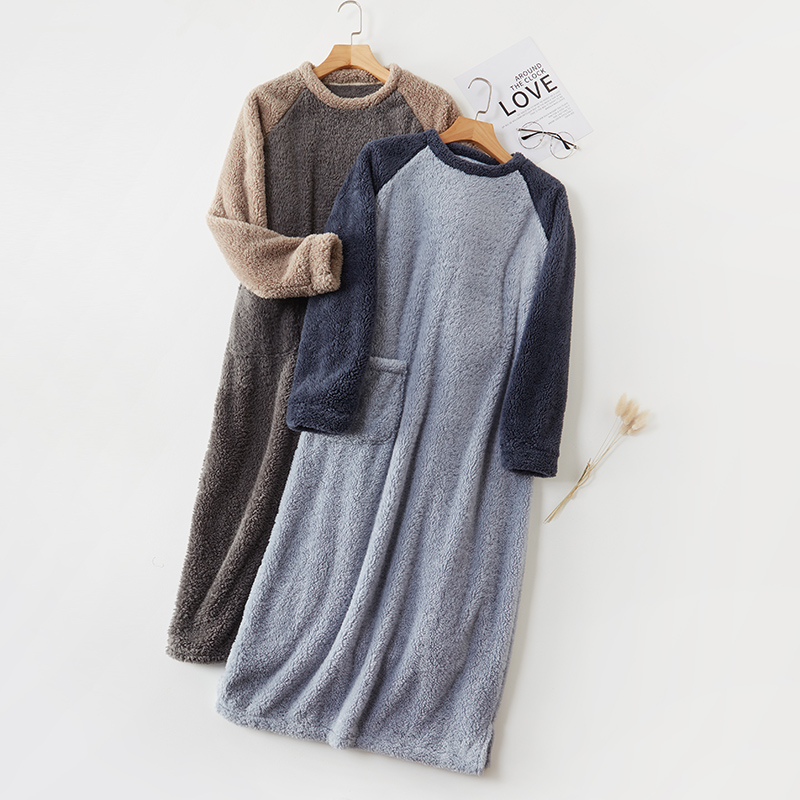 睡裙男冬季法兰绒加厚加绒长袍珊瑚绒浴袍式睡衣男士长款大码睡袍