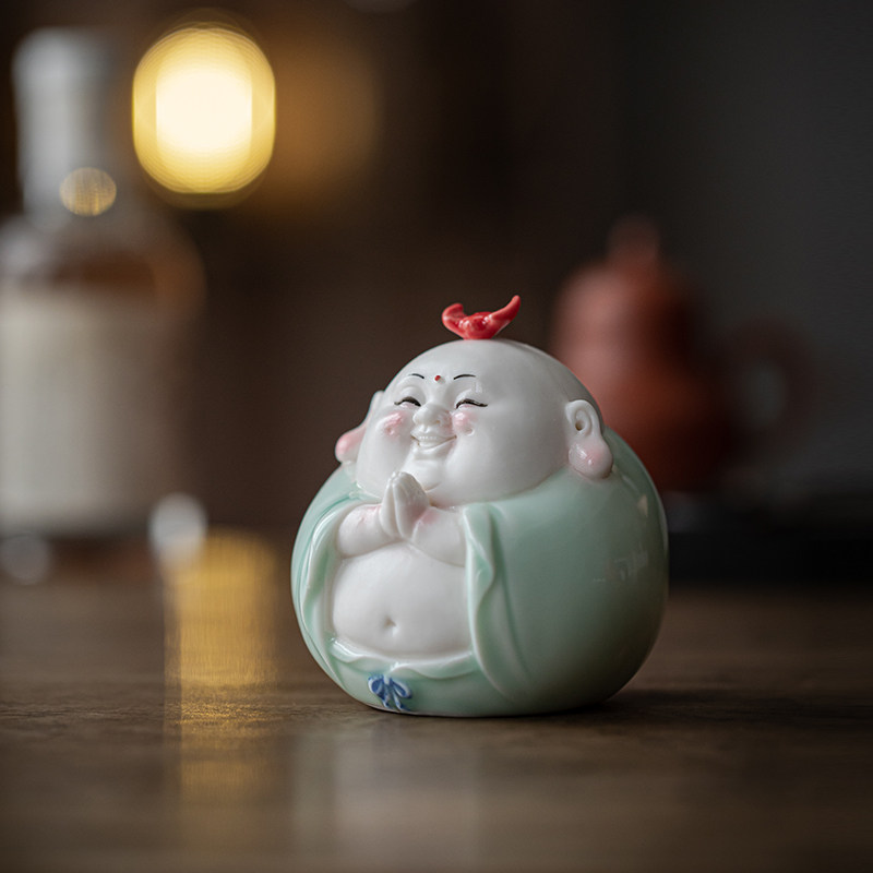 创意陶瓷大肚弥勒佛摆件可爱招财笑佛家居客厅办公桌面装饰工艺礼