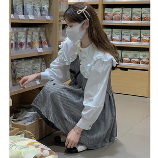 大码女装2024秋季胖mm时尚套装娃娃领衬衫+格纹百褶背心裙背带裙