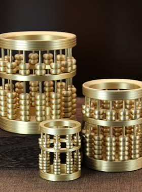 黄铜珠算笔筒摆件家居办公室摆件算盘黄铜笔筒桌面装饰品摆件