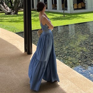 蓝色法式 两件套女夏 气质一字领海边度假沙滩裙吊带背心半身裙套装