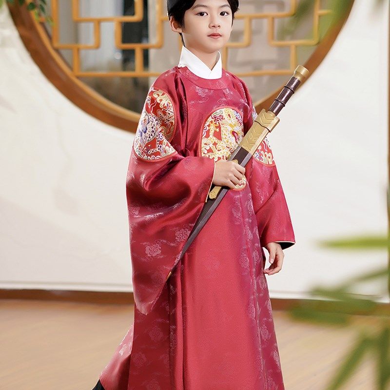 2022新款儿童汉服民族男童装仿妆花明制圆领袍非古装春秋礼仪款