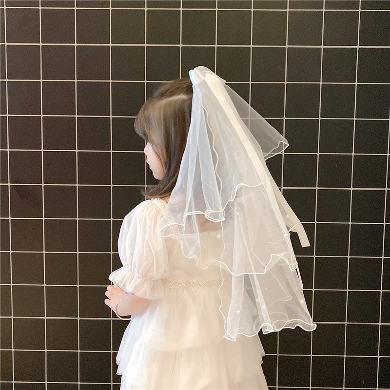 儿童婚礼头纱发光花童蝴蝶结头纱可爱女宝宝公主发箍白色婚纱带灯