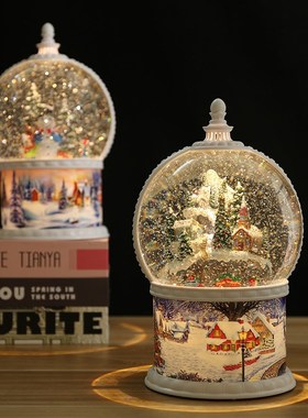 圣诞节梦幻飘雪花圆球旋转音乐盒创意圣诞树雪人摆件送人生日礼物