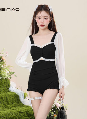 连体泳衣女夏2024o新款爆款度假高级感保守显瘦遮肚长袖平角游泳