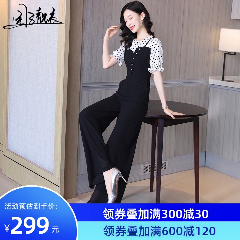 假两件连体裤女夏长款雪纺气质显瘦薄款连身阔腿裤时尚套Z装2184