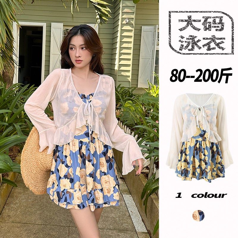 泳衣女大码连体长袖罩衫保守微胖女孩遮肉泡温泉油彩W高级感游泳