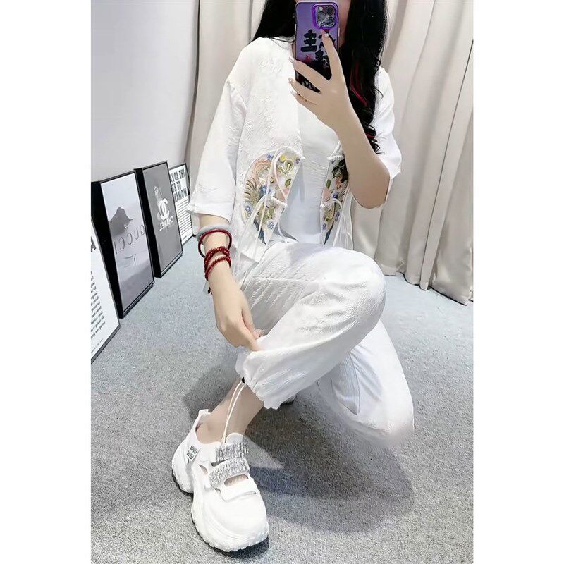 时尚显瘦国风盘扣刺绣马甲t三件套女2024年夏季新款新中式大码套