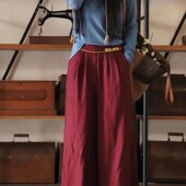 5107民d族风纯亚麻阔腿裤 苎麻裙裤 盘扣半松紧腰宽松大码 休闲长裤