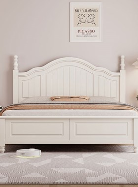 奶油风白色美式实木床主卧1.8m单双E人床现代简约1米5公主床儿童