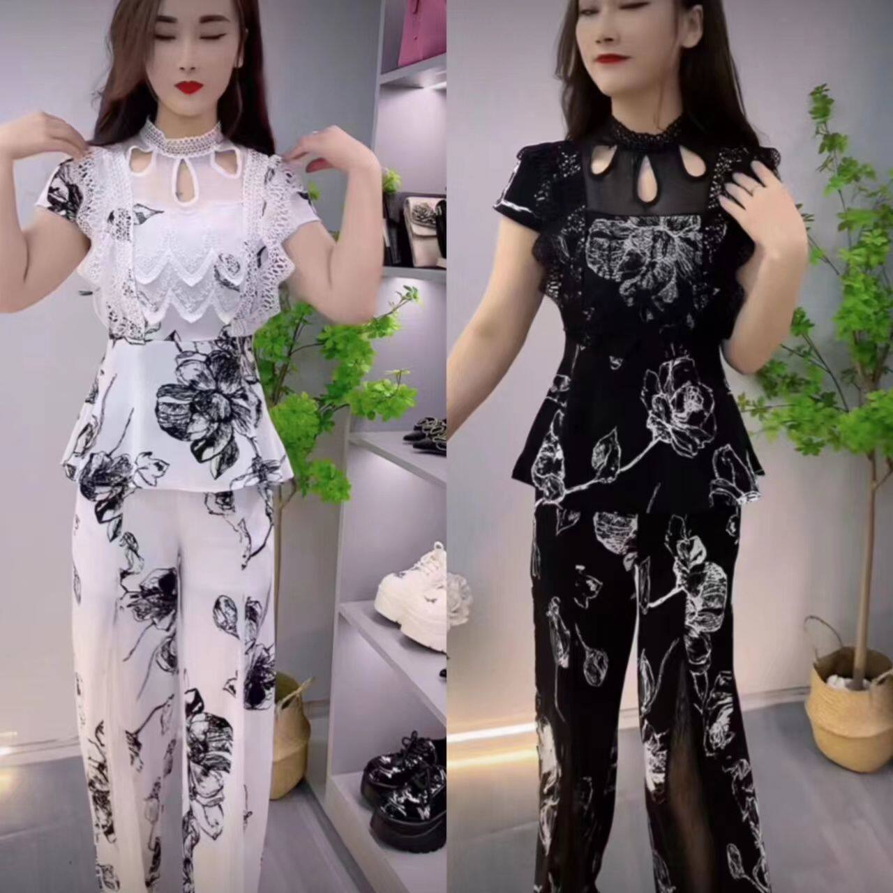 韩版时尚显瘦精致减龄两件套潮y女夏季新款蕾丝镂空拼接洋派套装