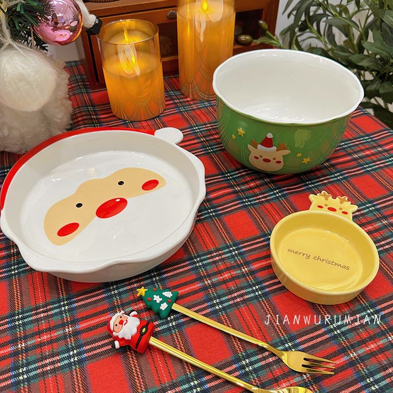 圣诞气氛餐具!超可爱手绘圣诞老人盘麋鹿面碗汤碗酱料碟,餐饮具,盘,淘宝优惠券,粉丝福利购,淘宝优惠卷