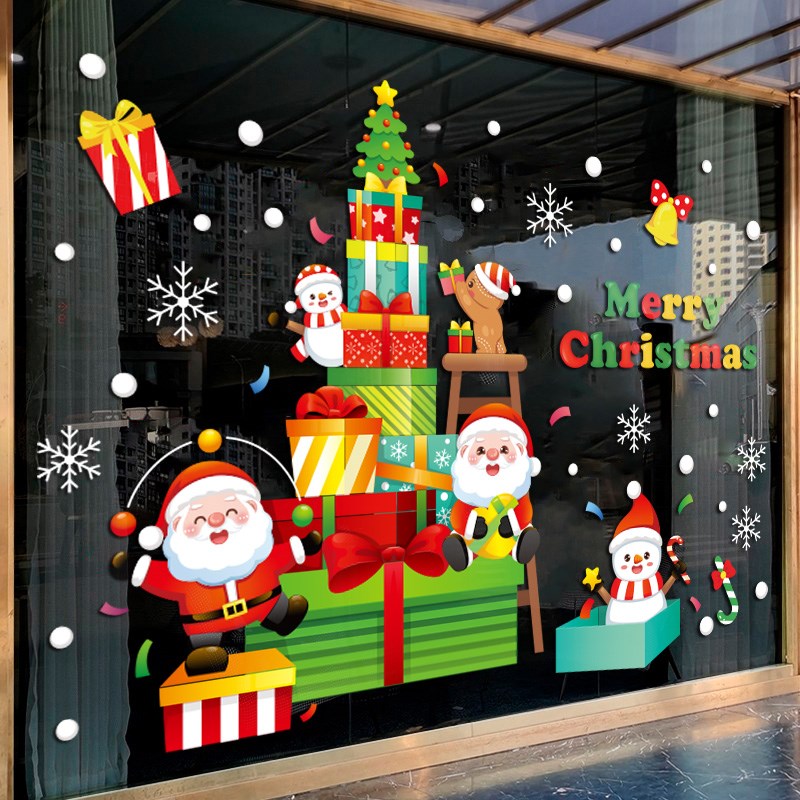 圣诞老人拉车静电贴橱窗玻璃窗贴纸门贴圣诞节装饰品场景布置窗花