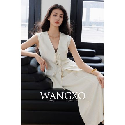 WANGXO|新型褶皱肌理人丝条纹压皱|绑带马甲&直筒半裙两件套女