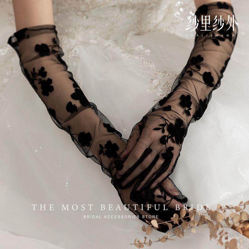 新款薄款时尚婚礼新娘晚装手套花朵网纱黑色蕾丝晚礼服配饰手套