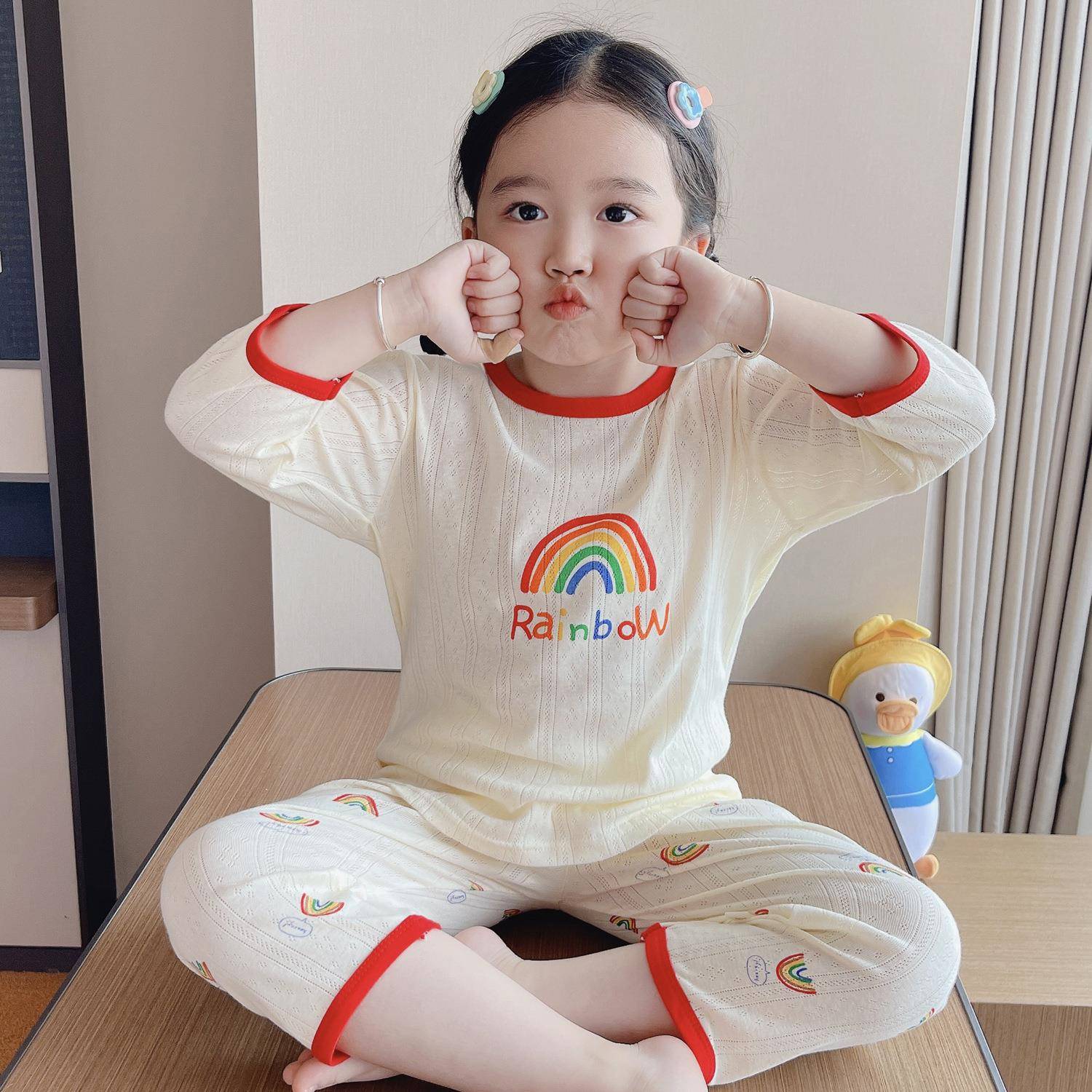 2025新款儿童睡衣棉夏季薄款男女童家居服套装七分袖卡通空调服