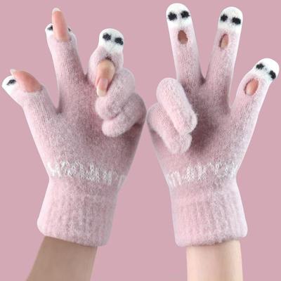 手套女秋冬季露指加绒加厚保暖可爱学生防寒可触屏冬天男半指手指