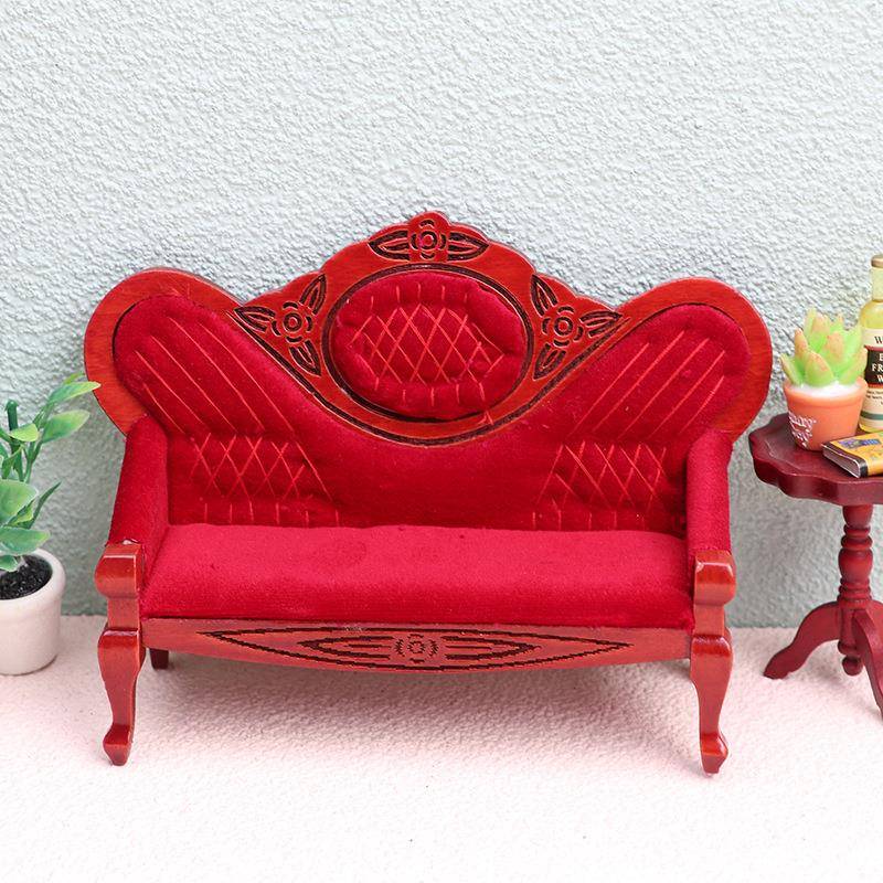 1:12迷你娃娃屋家具微缩12分模型摆件迷你木制海绵雕花沙发工艺品