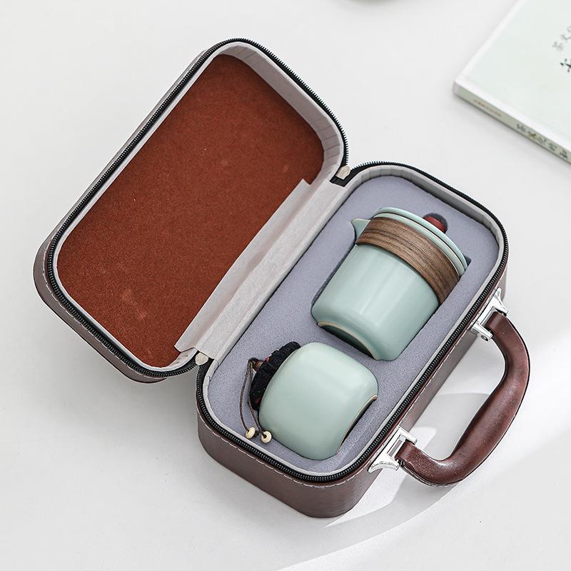 天青汝窑快客杯陶瓷家用泡茶套装旅行户外露营便携功夫茶具收纳包