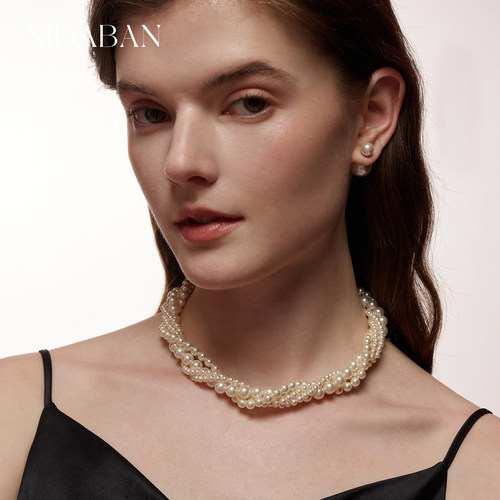 西大班多层珍珠麻花项链毛衣链女