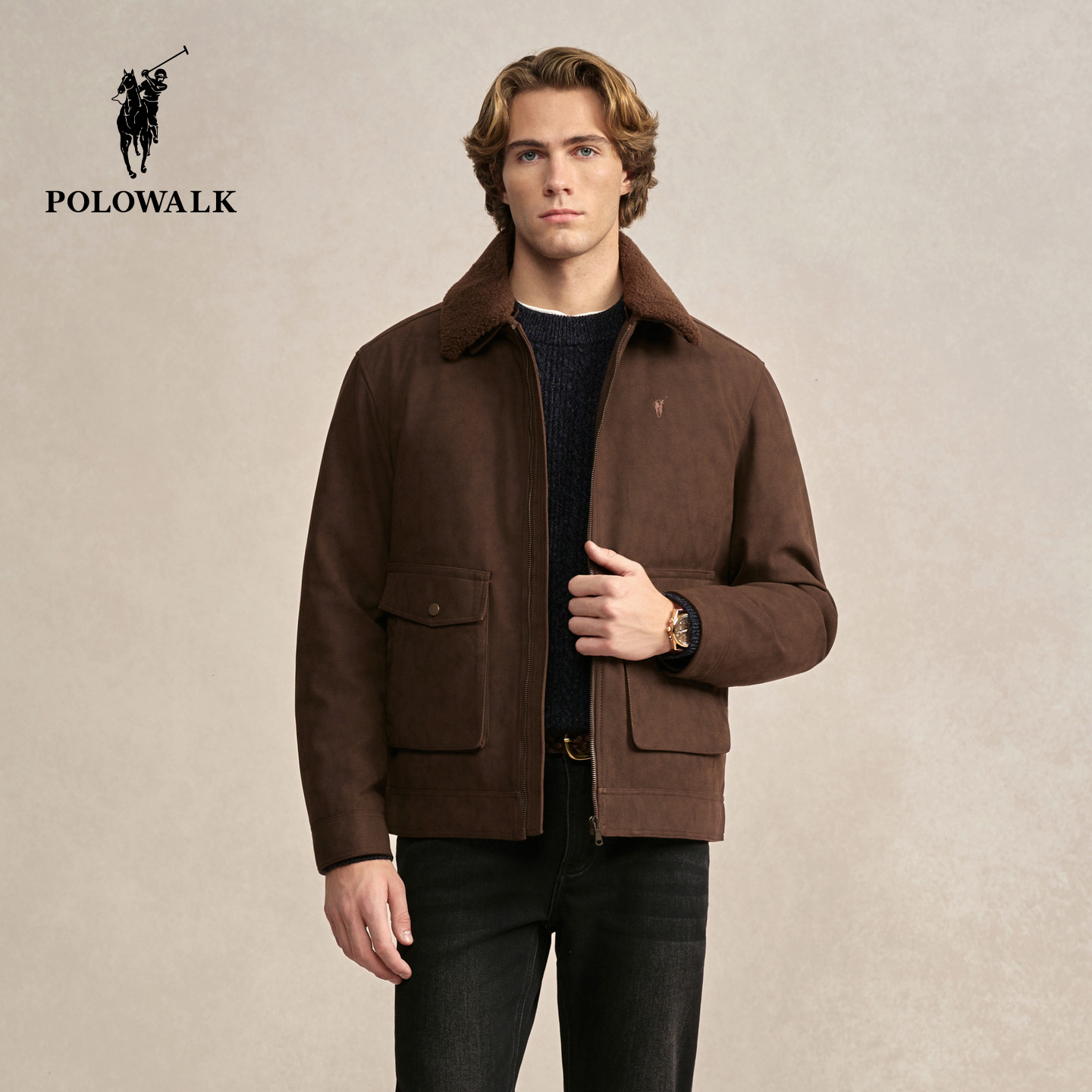 POLOWALK男式皮衣2025冬季新品复古工装风通勤翻领皮衣毛领外套,男装,皮衣,淘宝优惠券,粉丝福利购,淘宝优惠卷
