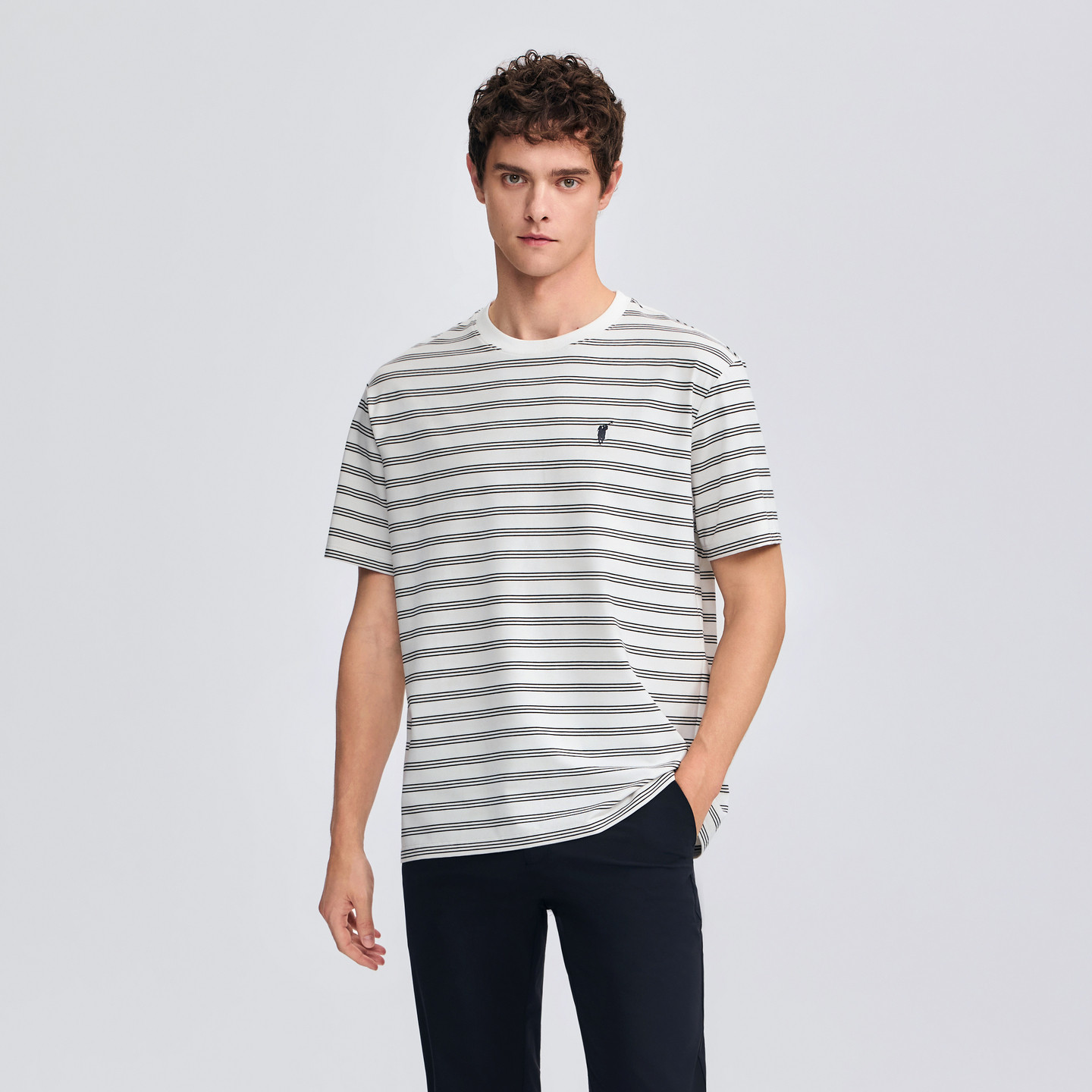 POLOWALK男式短袖圆领T恤2025夏季新品条纹休闲保罗打底衫上衣