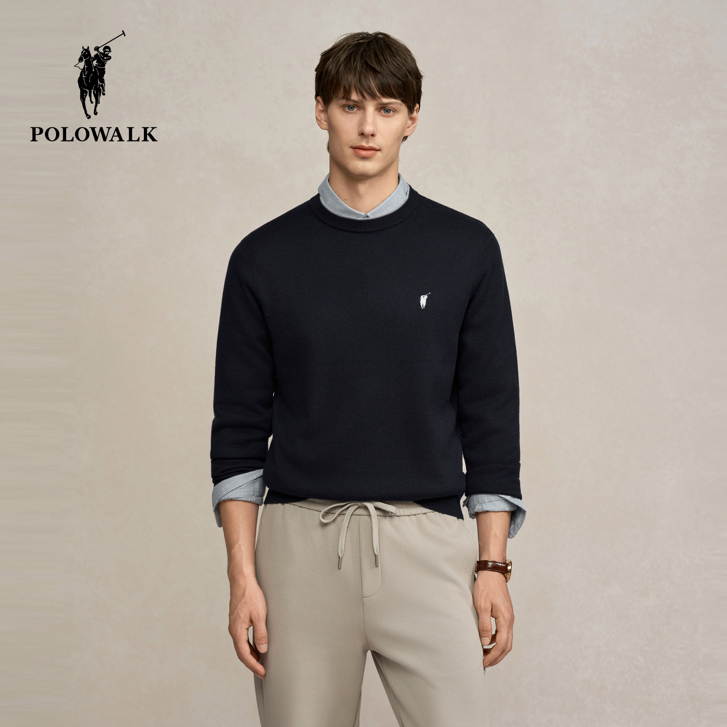 POLOWALK男式针织衫2025冬季新品简约纯色圆领套头内搭加绒打底衫