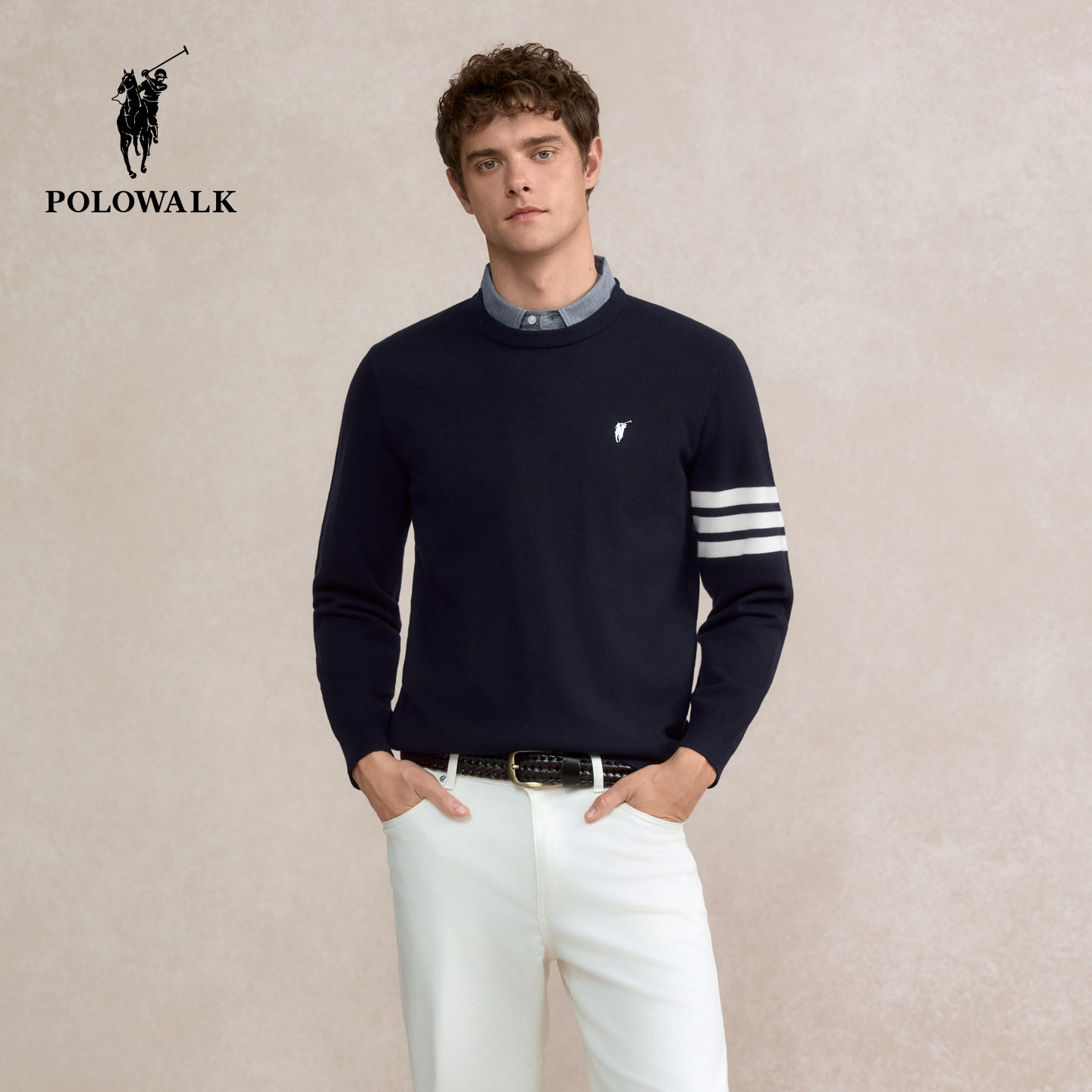 POLOWALK男式针织衫2025秋季新品假两件条纹翻领上衣百搭套头
