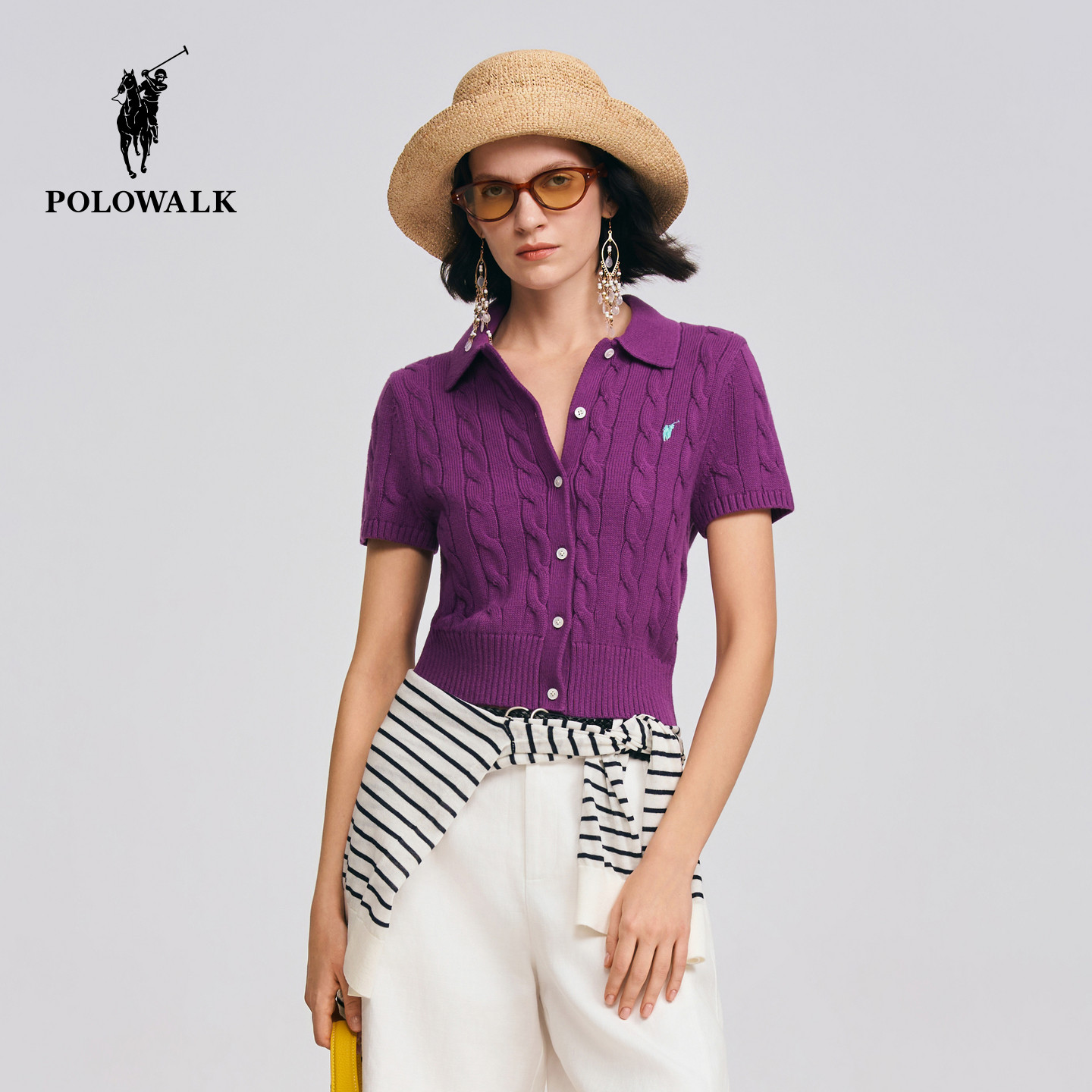 POLOWALK女式短袖针织衫2026夏季新品翻领绞花修身显瘦针织开衫图片
