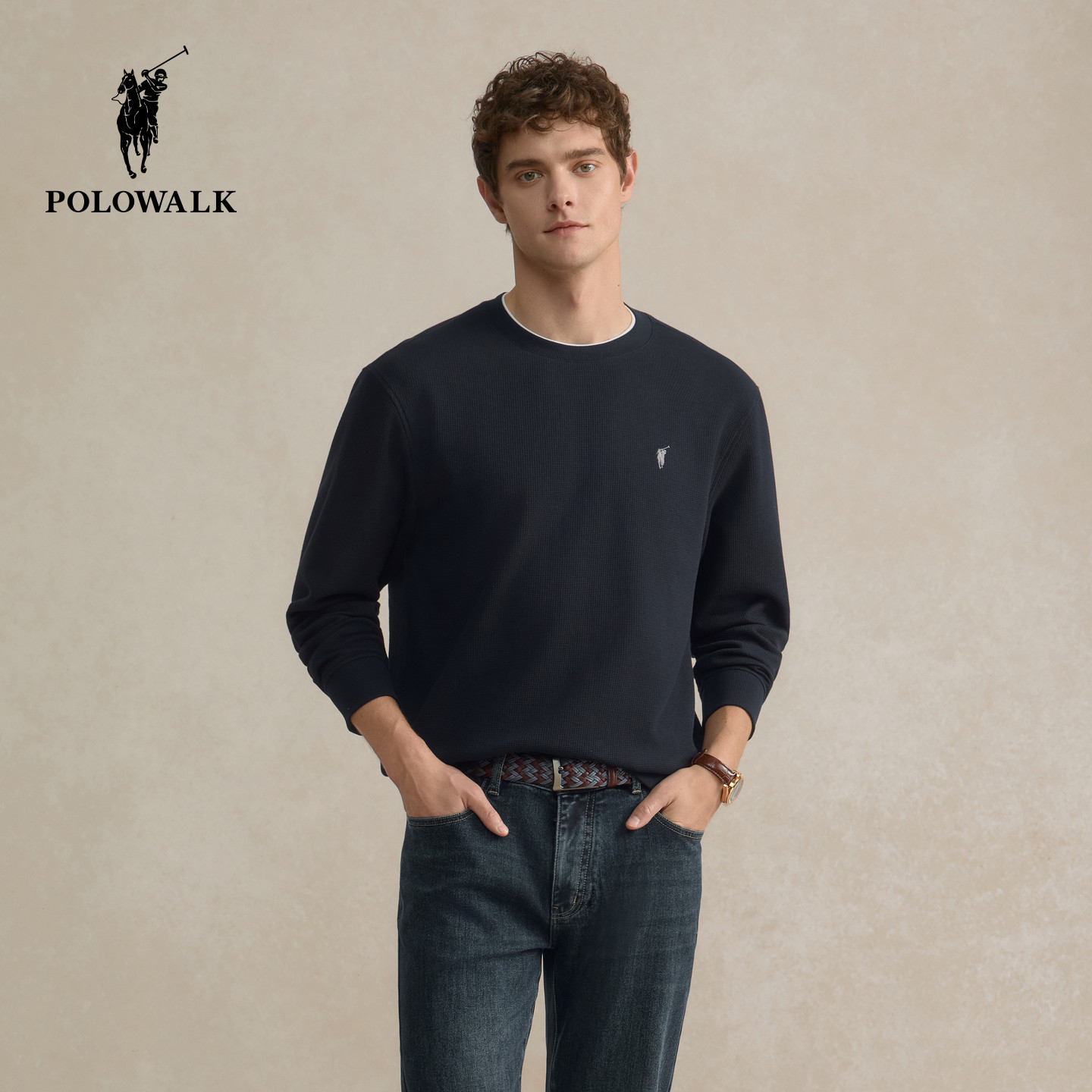 POLOWALK男式圆领卫衣2025秋冬新品华夫格长袖保罗纯色休